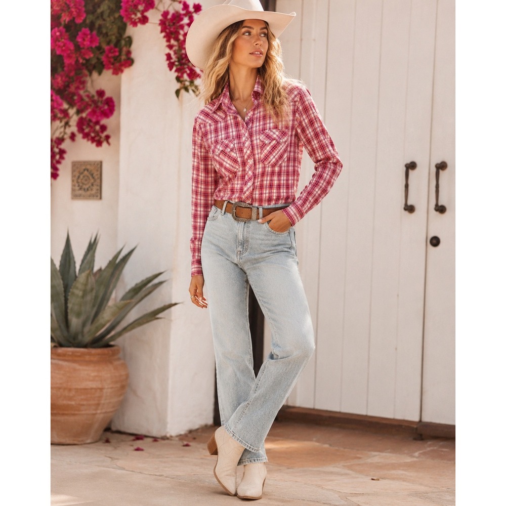 Wrangler Womens Pink Plaid Western Pearl Snap Long Sleeve Shirt Size L